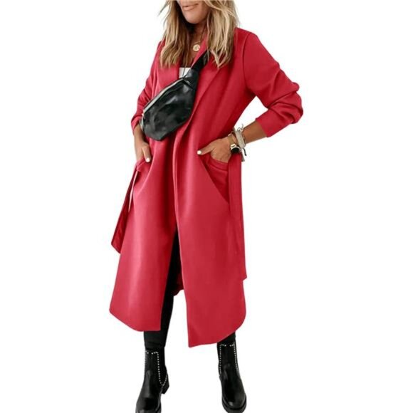 Womens Classic Coat Lapel Collar Open Front Red - Picture 4 of 5